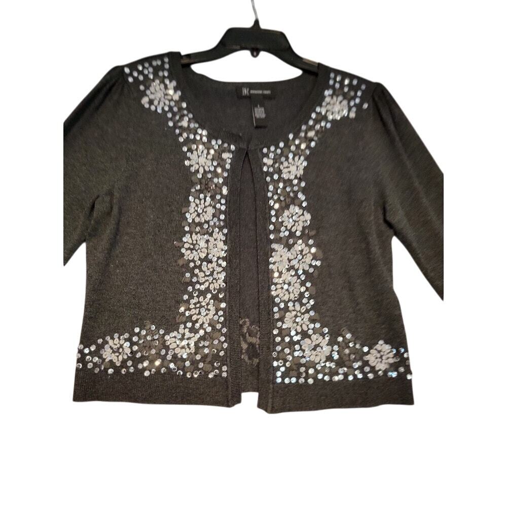 INC International Concept Sweater Cardigan Embellished Sparkle Party Gray Silver
